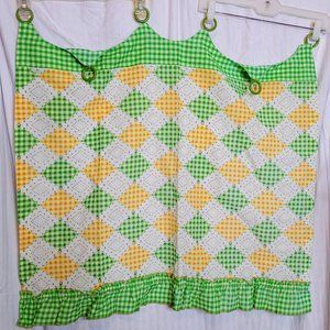 Vintage Kitchen Curtain Panels Handmade Lime Green Yellow Check Plastic Rings